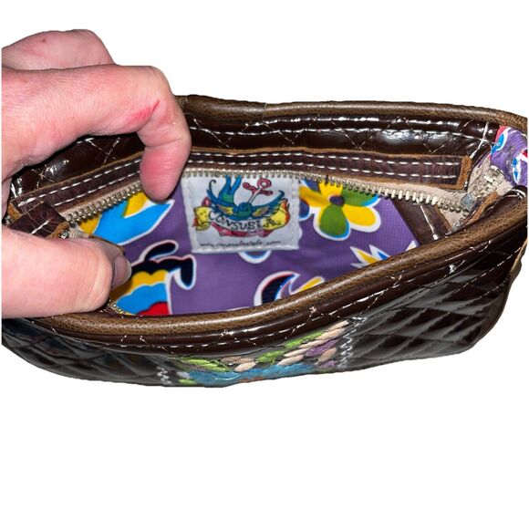 Consuela Quilted Brown Patent w Leather Trim Embroidered Clutch Wristlet NEW - Picture 6 of 14